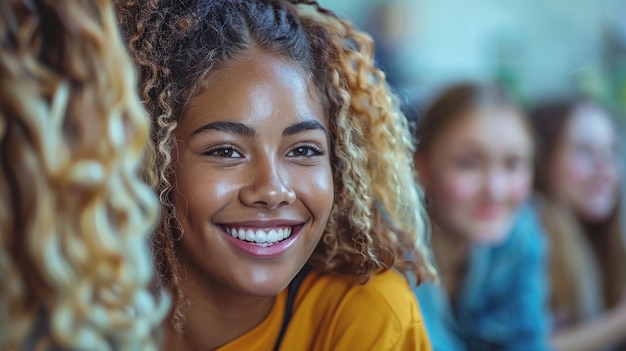 Mujer sonriente con el cabello rizado