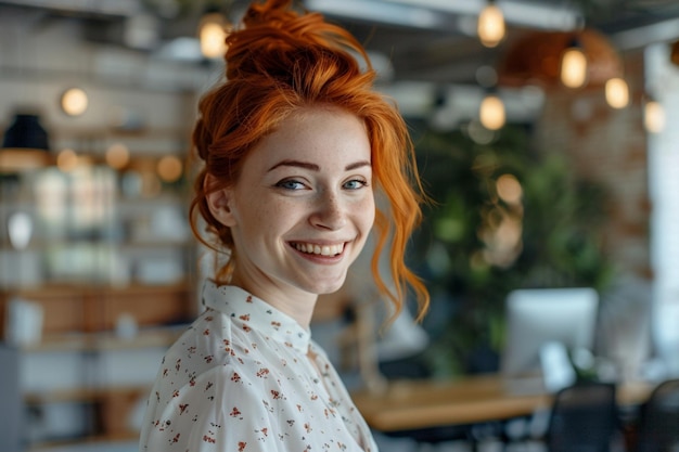 Foto una mujer sonriente con el cabello rojo y una camisa blanca con un patrón de flores en ella