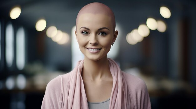 Mujer sonriente con la cabeza calva frente a la cámara Día Mundial contra el Cáncer