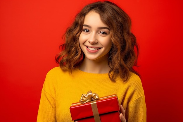 mujer sonriente con caja de regalos