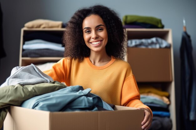 Mujer sonriente con una caja de ropa Concepto de donación caritativa