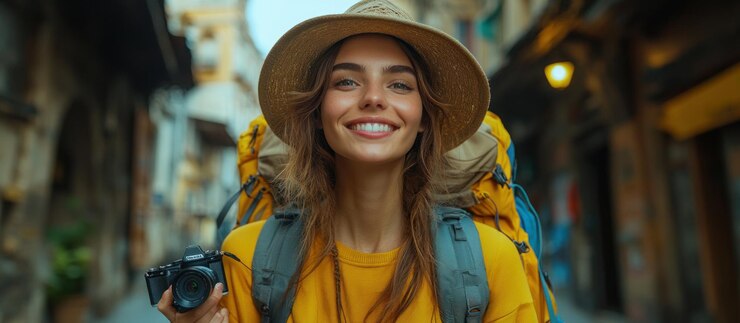Mujer sonriente con cámara y mochila en una ciudad