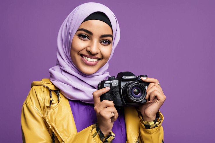Mujer sonriente con cámara con vestimenta vibrante