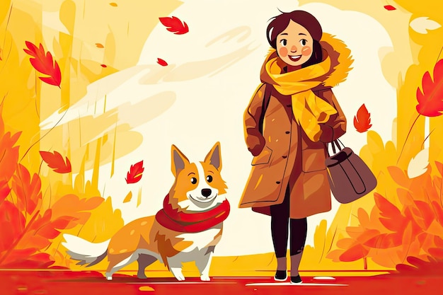 Mujer sonriente caminando con perro corgi con bufanda muestra cuidado y atención al animal en el parque de otoño