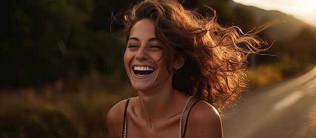 una mujer sonriente en el camino del país en el estilo de la energía cruda