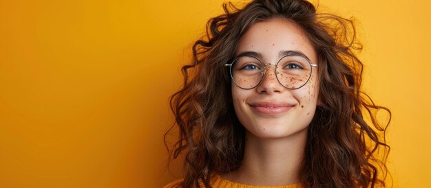 Mujer sonriente con camisa amarilla y gafas