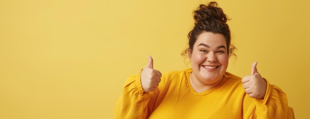 La mujer sonriente de camisa amarilla levanta el pulgar