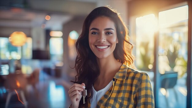 Foto una mujer sonriente con una camisa amarilla