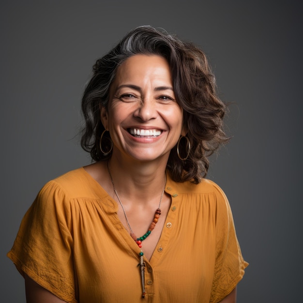 una mujer sonriente con una camisa amarilla