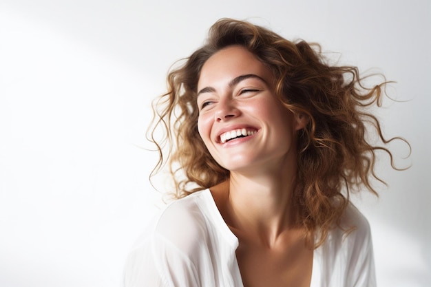 Una mujer sonriente con una camisa blanca en la cara sonriendo y sonriendo.