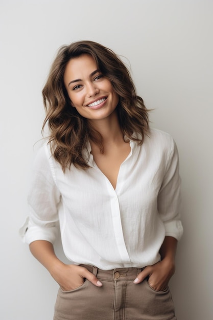 Foto mujer sonriente con camisa blanca y pantalones marrones posando para una foto