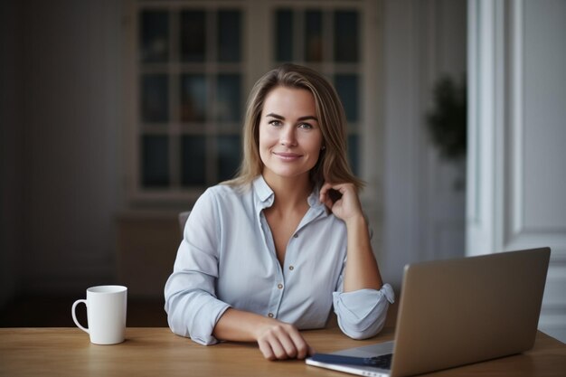 Mujer sonriente con una camisa blanca posando con una computadora portátil y una taza de café