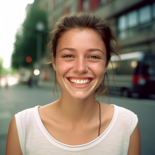 una mujer sonriente con una camisa blanca que dice "sonríe".