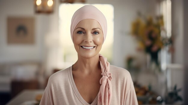 Mujer sonriente con camisa rosa posa radiante para la cámara Día Mundial contra el Cáncer