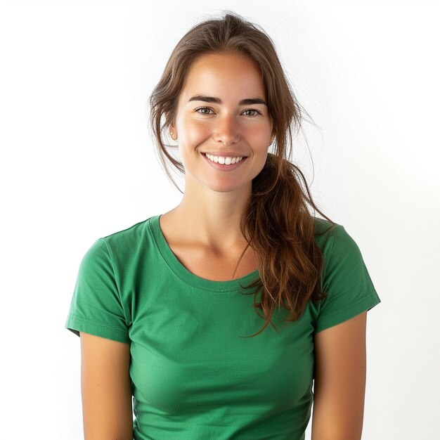 Mujer sonriente con camisa verde