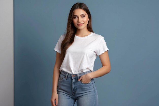 mujer sonriente con una camiseta blanca de pantalla de seda