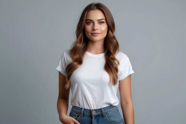 mujer sonriente con una camiseta blanca de pantalla de seda