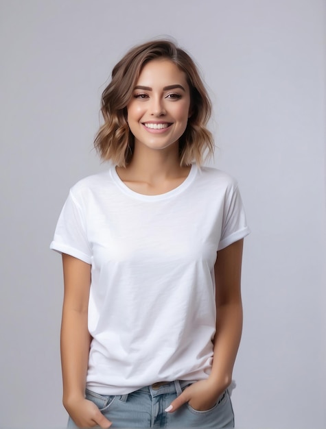 mujer sonriente con una camiseta blanca de pantalla de seda