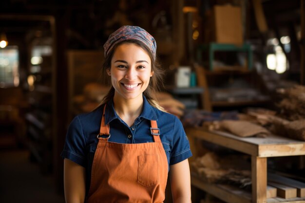 una mujer sonriente en una carpintería