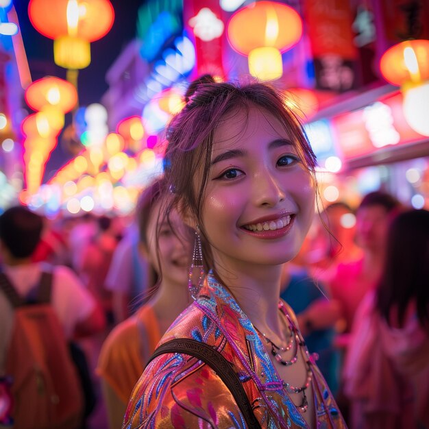 Foto una mujer sonriente celebra el año nuevo chino bajo linternas rojas