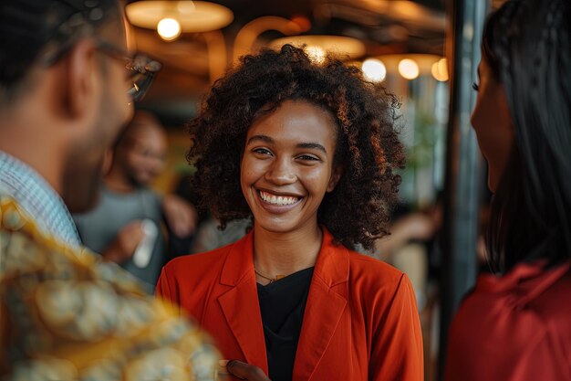 Una mujer sonriente con una chaqueta naranja y una camisa negra