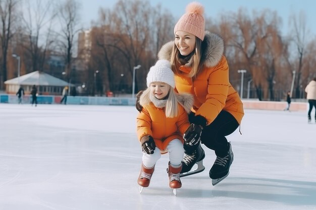 Una mujer sonriente con una chaqueta naranja enseña a un niño a patinar en una pista de hielo al aire libre