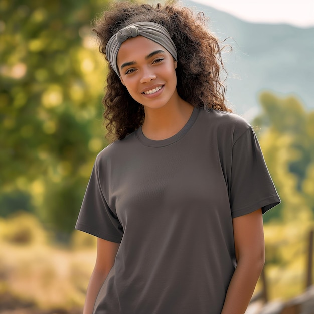 Foto mujer sonriente con cinta para la cabeza de pie frente a una valla generativa ai