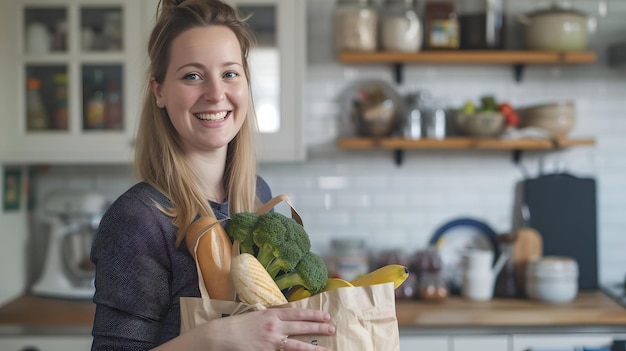 Mujer sonriente en la cocina sosteniendo una bolsa de comestibles llena de verduras frescas concepto de alimentación saludable atmósfera casera IA