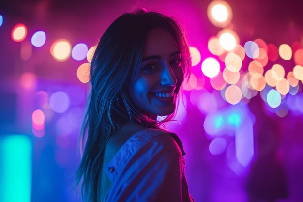 Mujer sonriente con coloridas luces bokeh en un ambiente festivo de vida nocturna