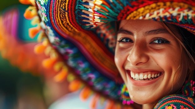 Una mujer sonriente con un colorido sombrero mexicano