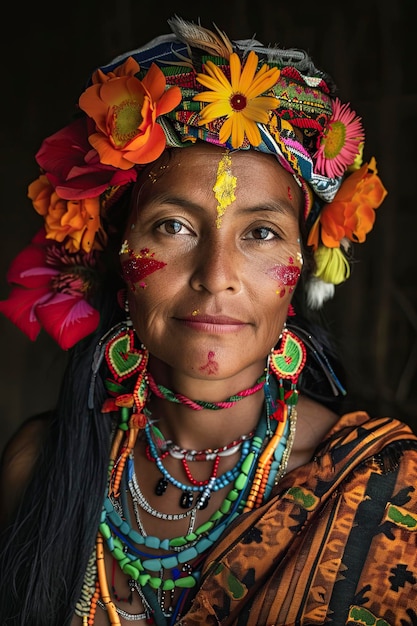 Mujer sonriente con colorido tocado