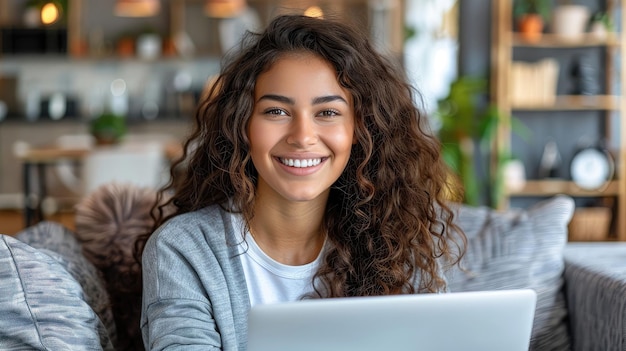 Mujer sonriente con una computadora portátil en un ambiente hogareño acogedor