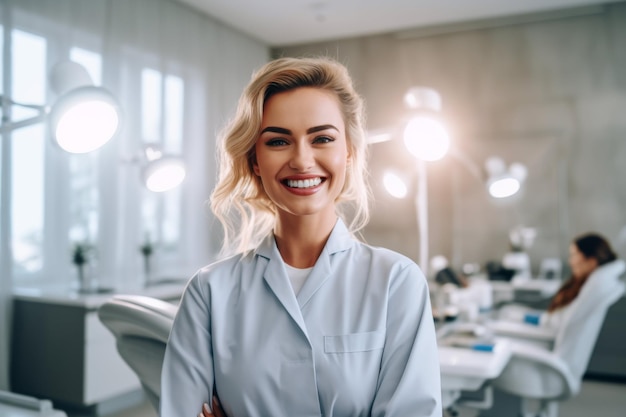 Mujer sonriente en el consultorio dental