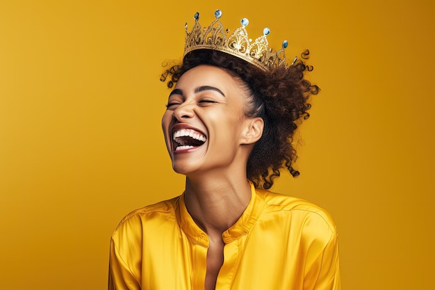 Mujer sonriente con una corona en la cabeza fondo amarillo IA generativa