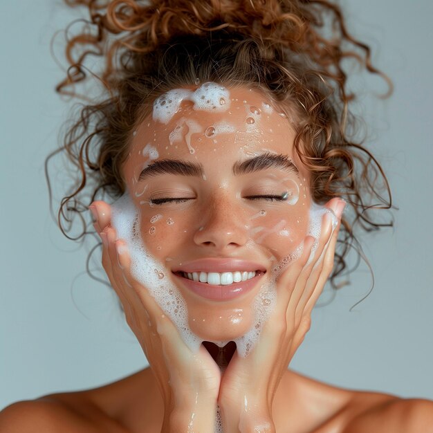 Mujer sonriente cubierta de espuma de IA generativa