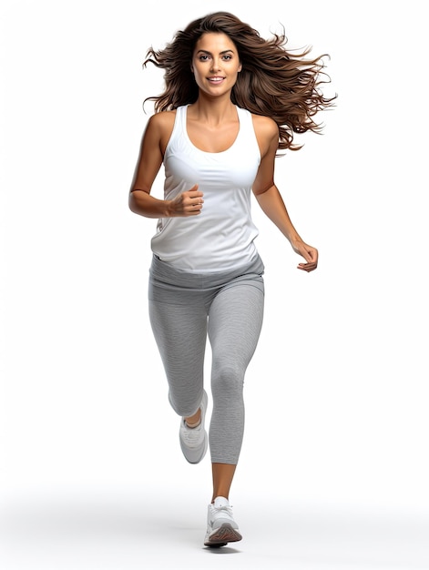 Mujer sonriente de cuerpo completo jogging corriendo deporte sobre fondo blanco