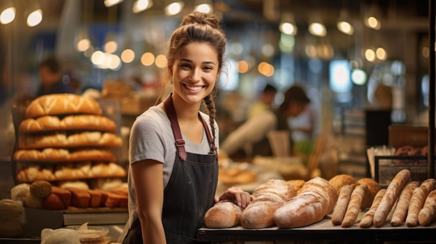 Una mujer sonriente con un delantal apoyada en un mostrador en una panadería con una variedad de panes recién horneados expuestos frente a ella