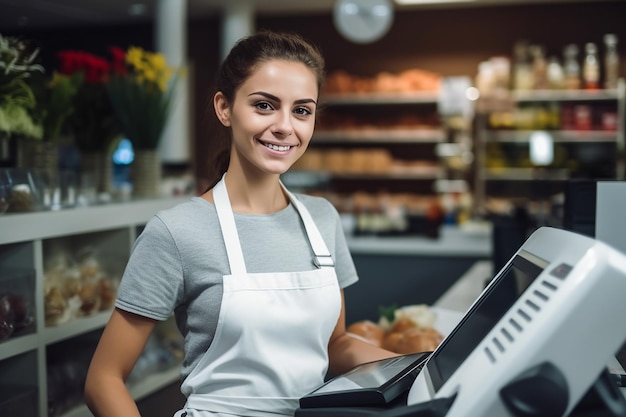 una mujer sonriente con un delantal está detrás de un mostrador de comida.