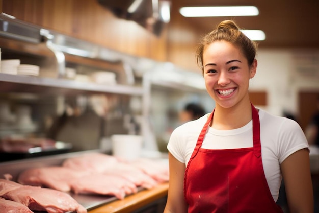 Foto una mujer sonriente con un delantal rojo se para frente a un mostrador lleno de carne