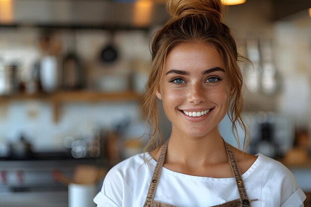 Mujer sonriente con delantal