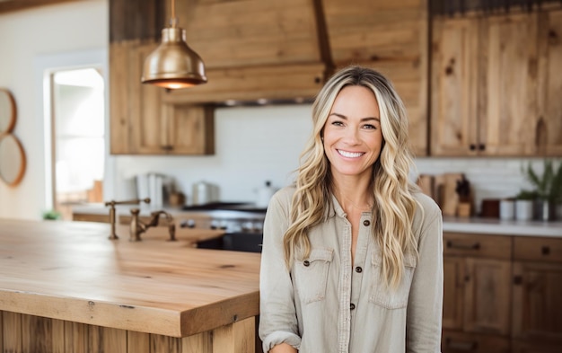 Mujer sonriente detrás de la cocina rústica moderna