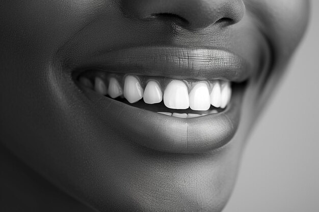 Foto mujer sonriente con dientes blancos y ojos negros con una sonrisa generativa ai