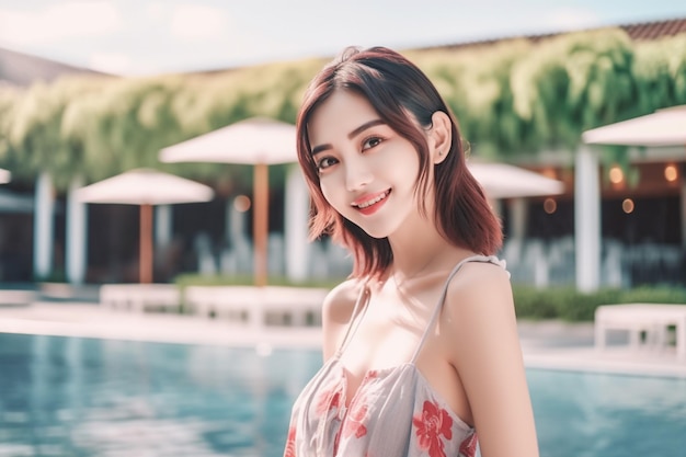 Una mujer sonriente disfrutando del bikini de traje de baño de la piscina