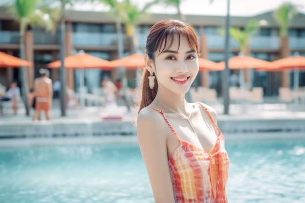 Una mujer sonriente disfrutando del bikini de traje de baño de la piscina