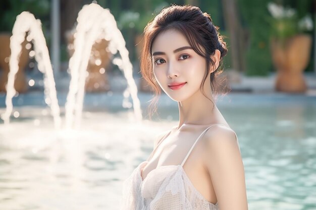 Una mujer sonriente disfrutando del bikini de traje de baño de la piscina