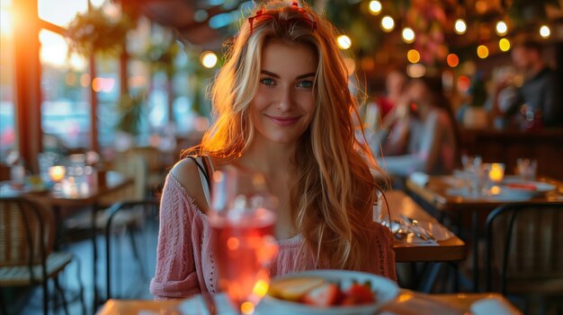 Mujer sonriente disfrutando de la cena en un acogedor restaurante nocturno