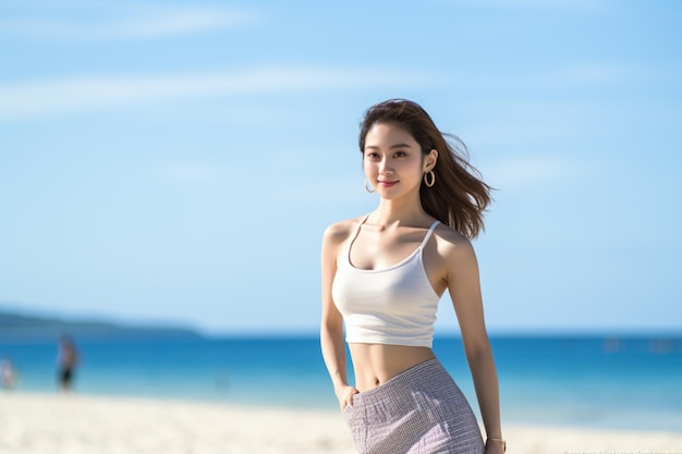 Mujer sonriente disfrutando de la playa