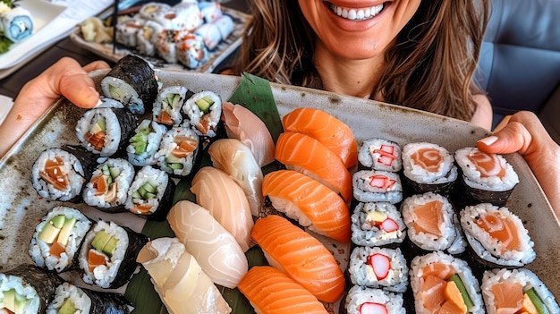 Una mujer sonriente disfrutando de una variedad de rollos de sushi frescos y delicias de Nigiri en un restaurante japonés