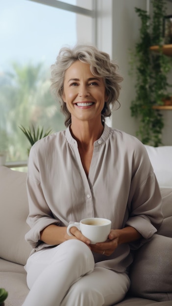 Una mujer sonriente está sentada en un sofá y sostiene una taza de café