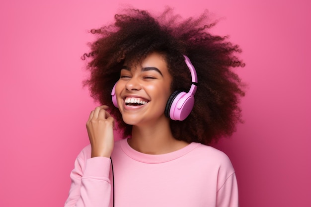 Foto mujer sonriente feliz con cabello rizado afro y auriculares modelo femenino riendo escuchando música en fondo pastel rosa